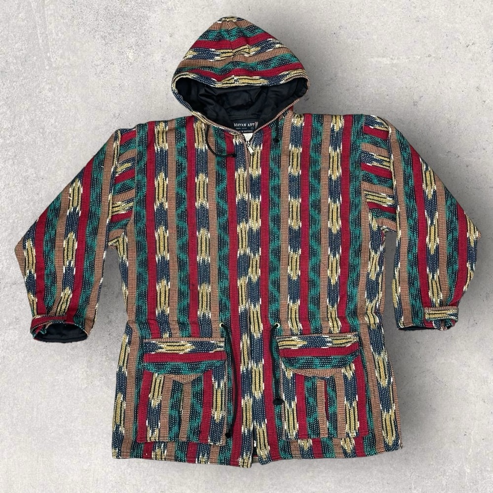 Vintage MAYAN ART Boho Tribal Aztec Full Zip Hooded Field Jacket Colorful VTG